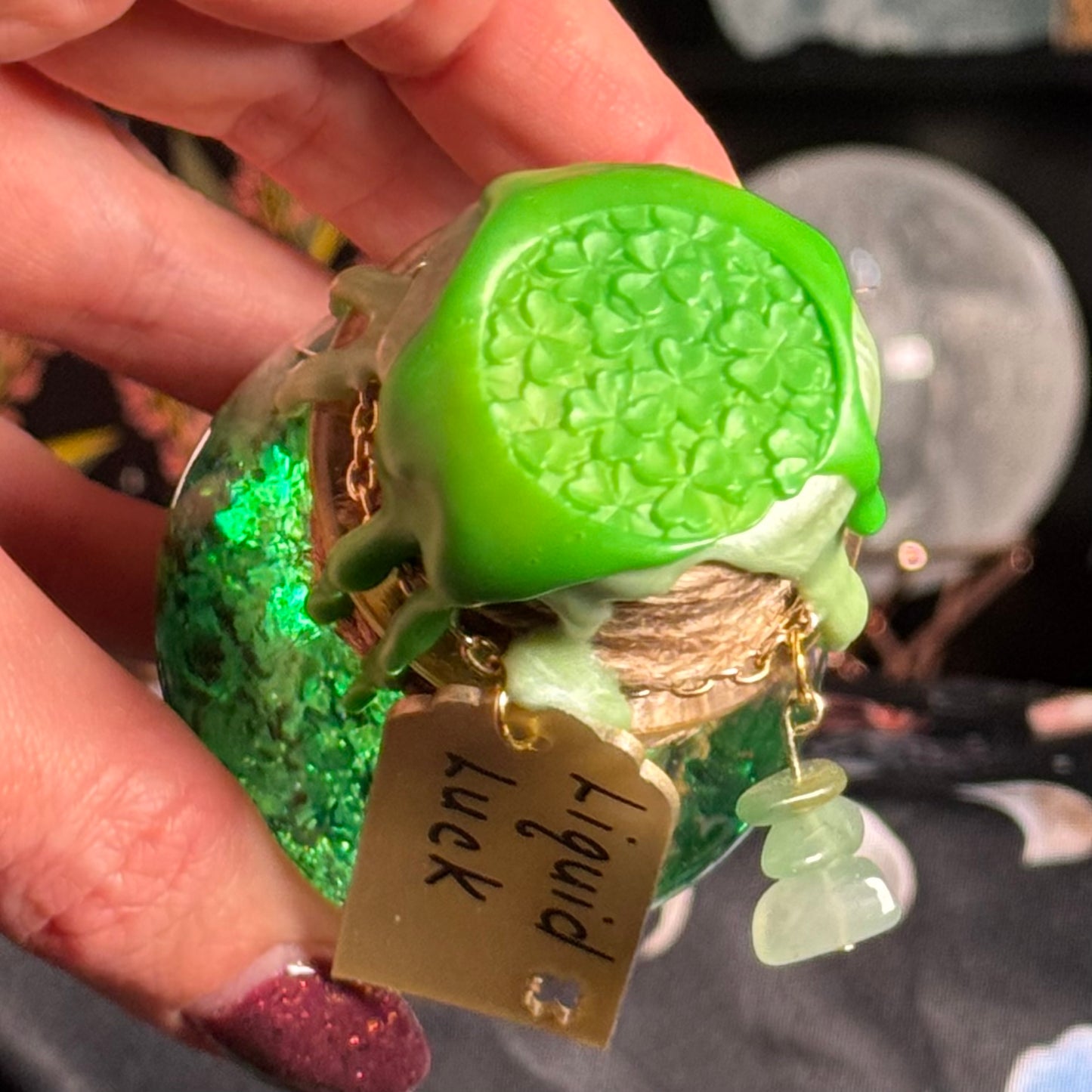 Mini Handmade "Liquid Luck" Kinetic Glass Potion Bottle w/ Green Aventurine Crystals