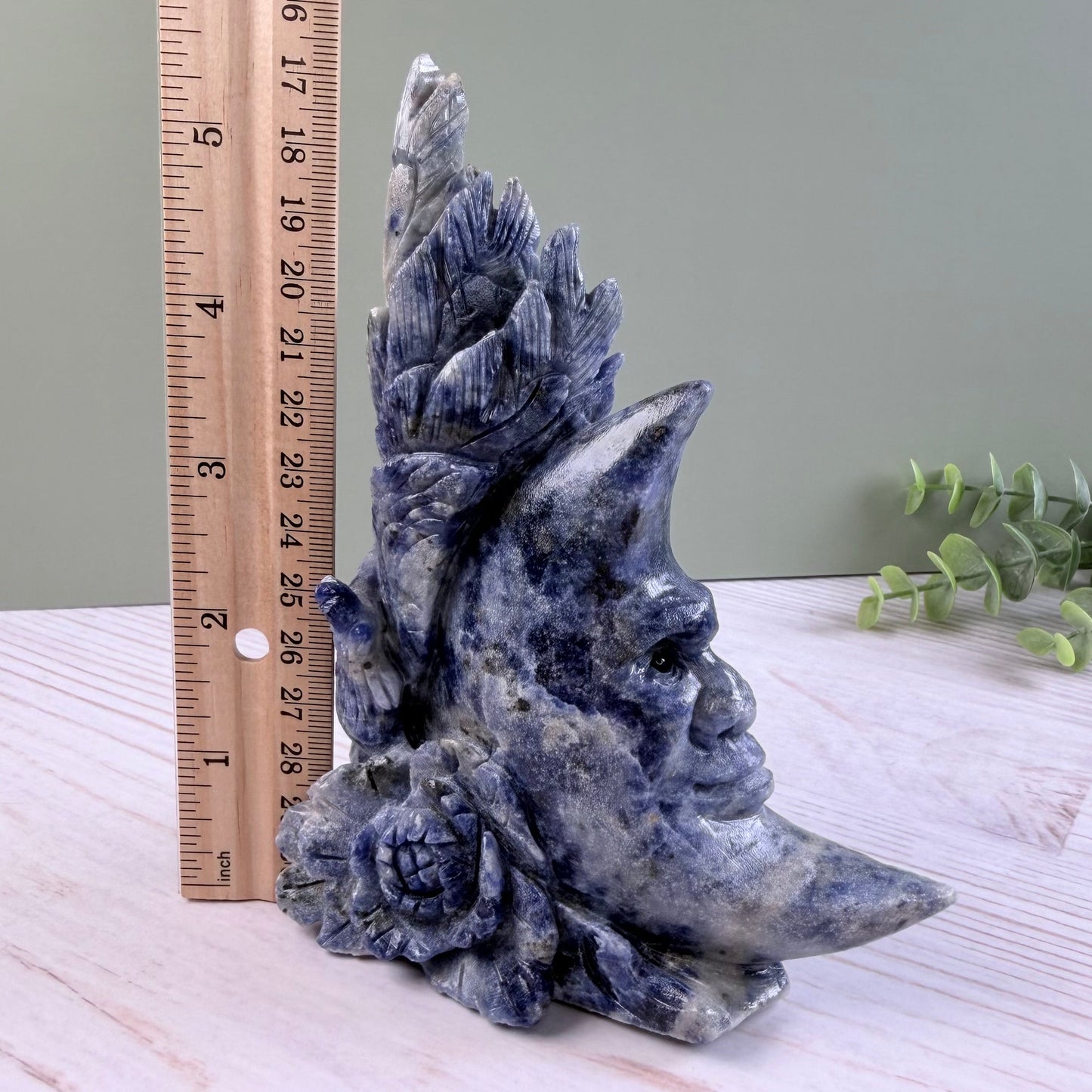 High Quality Sodalite Rooster + Moon Carving