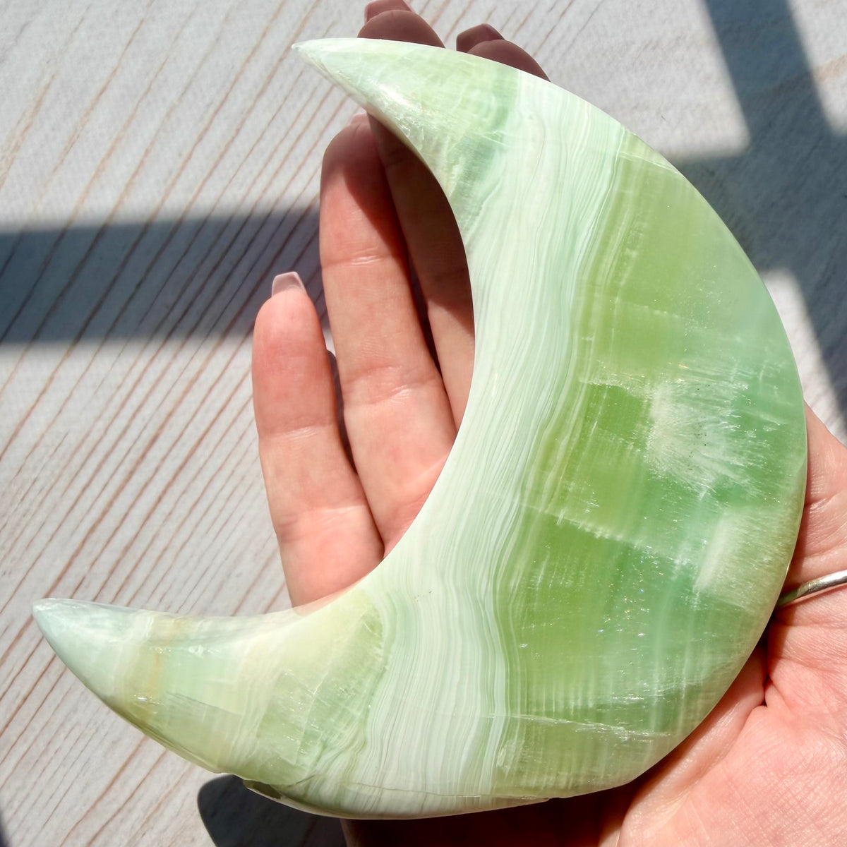 Pistachio Calcite Crescent Moon Carving – Soft Green Crystal for Peace