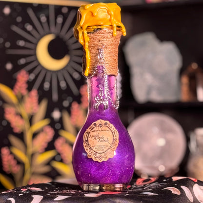 Handmade "Amok Amok Amok" Decorative Potion Bottle w/ Amethyst Crystals
