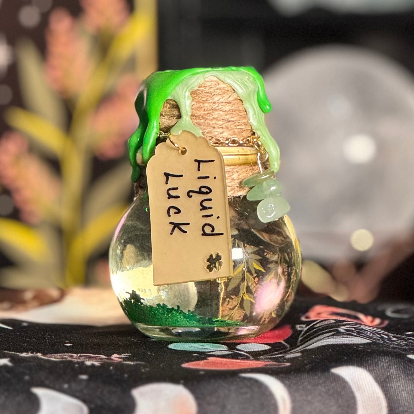 Mini Handmade "Liquid Luck" Kinetic Glass Potion Bottle w/ Green Aventurine Crystals