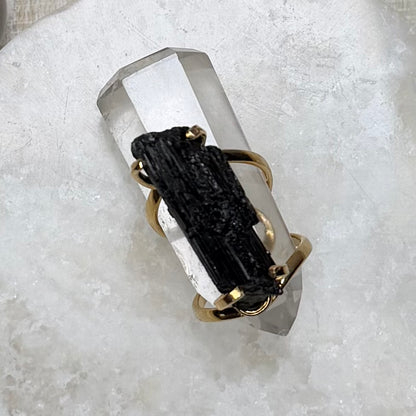 Gorgeous Raw Black Tourmaline Adjustable Gold Ring from Brazil
