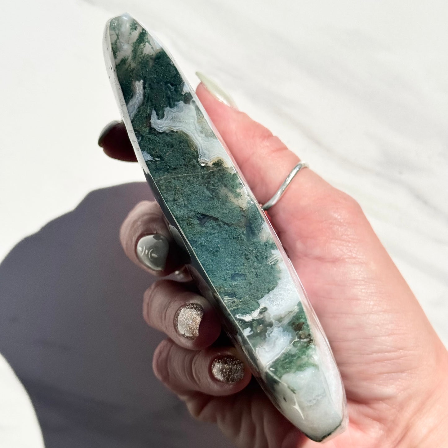 Large Moss Agate Crescent Moon Carving | Option A