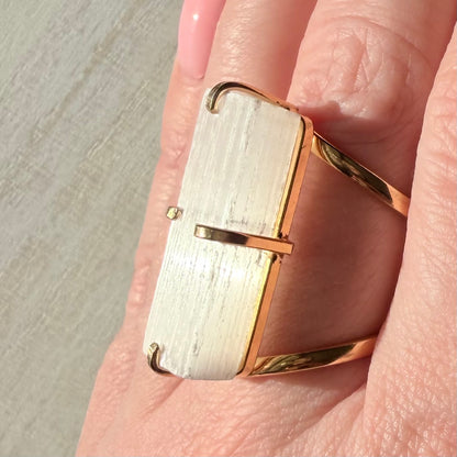 Beautiful Selenite Adjustable Gold Ring from Brazil