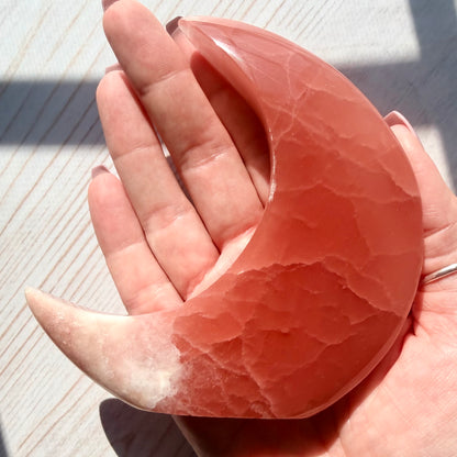 Rose Calcite Crescent Moon Carving – Crystal for Self-Love