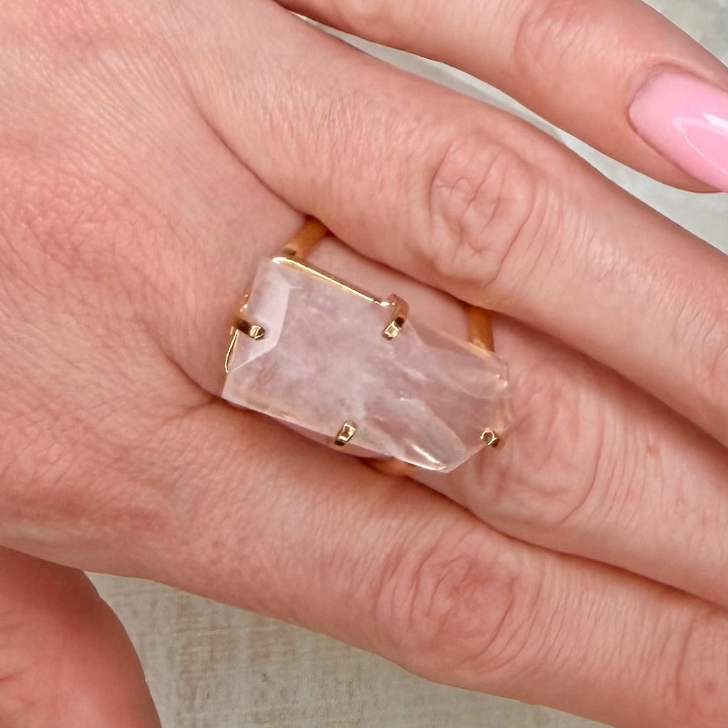 Stunning Faceted Rose Quartz Adjustable Gold Ring from Brazil