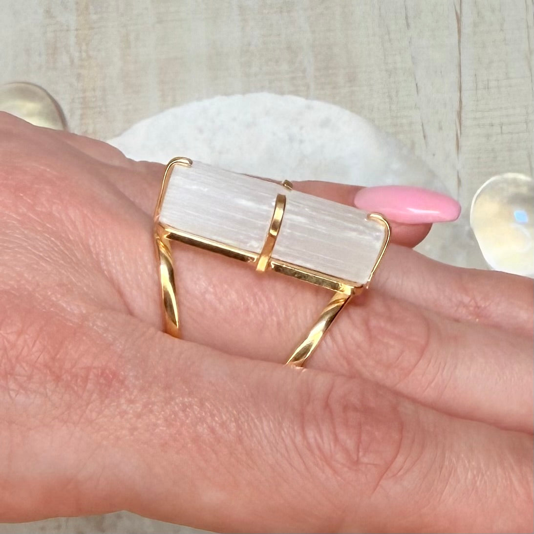 Beautiful Selenite Adjustable Gold Ring from Brazil