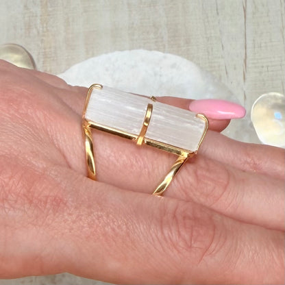 Beautiful Selenite Adjustable Gold Ring from Brazil