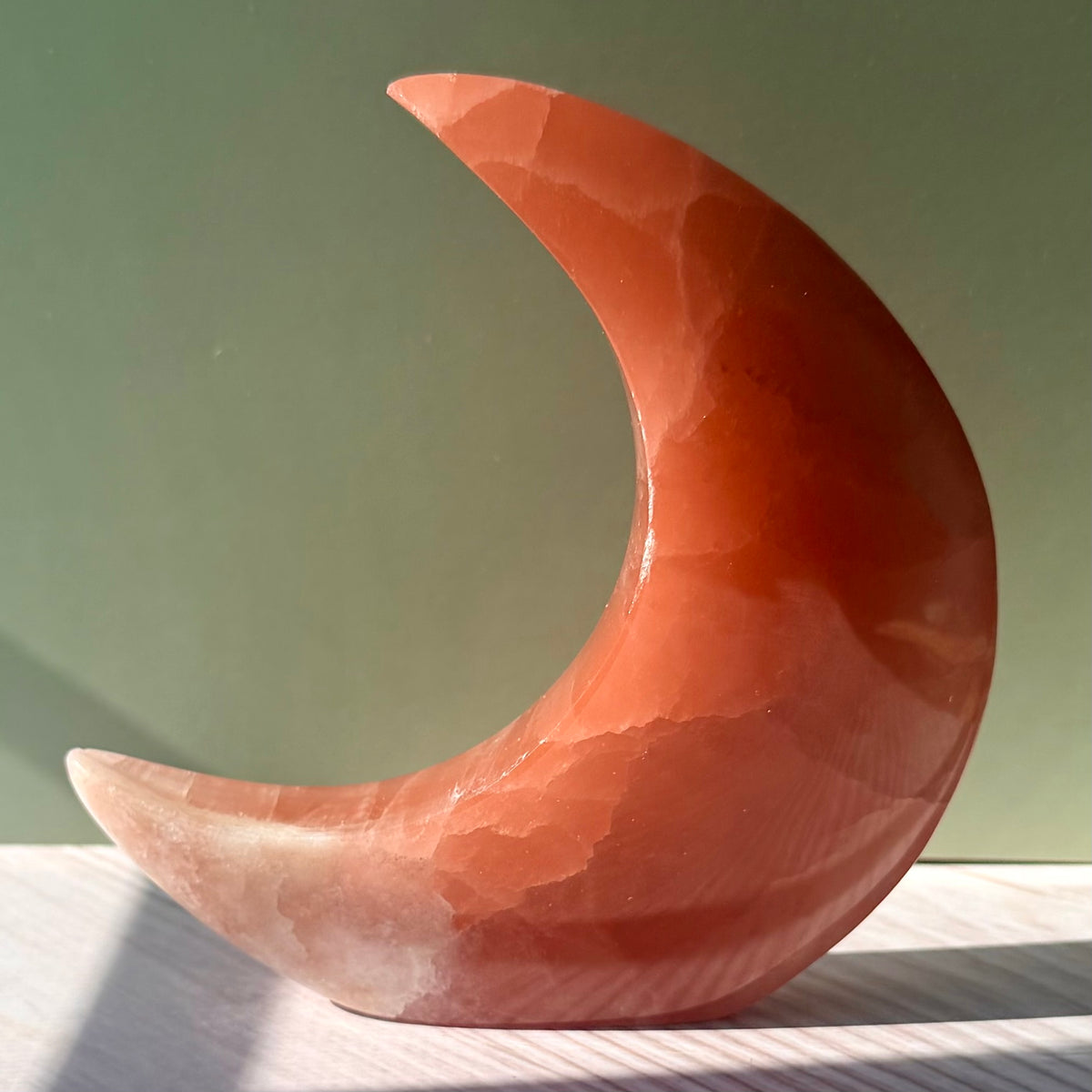 Rose Calcite Crescent Moon Carving – Crystal for Self-Love