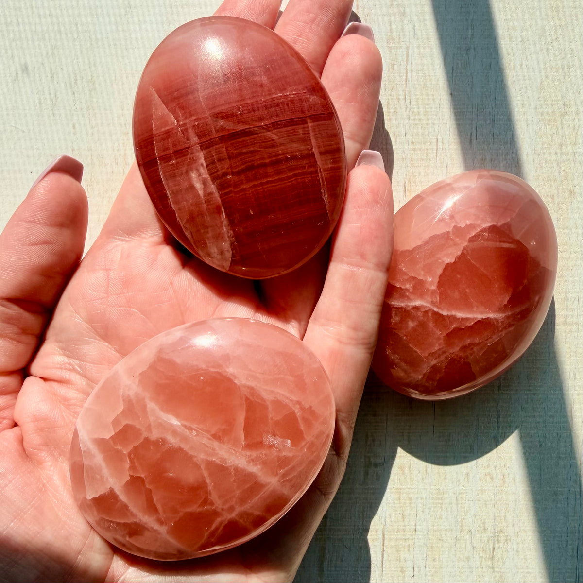 Rose Calcite Palm Stone – Warm Salmon Crystal for Self-Love