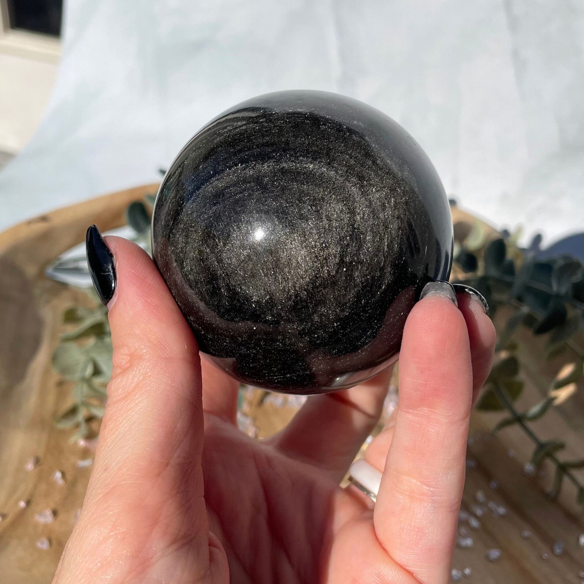 silver sheen obsidian sphere