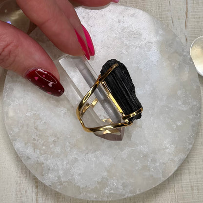 Gorgeous Raw Black Tourmaline Adjustable Gold Ring from Brazil