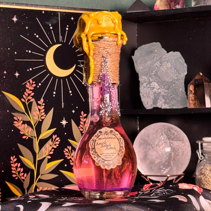 Handmade "Amok Amok Amok" Decorative Potion Bottle w/ Amethyst Crystals