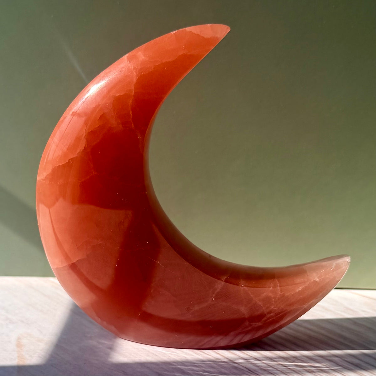 Rose Calcite Crescent Moon Carving – Crystal for Self-Love