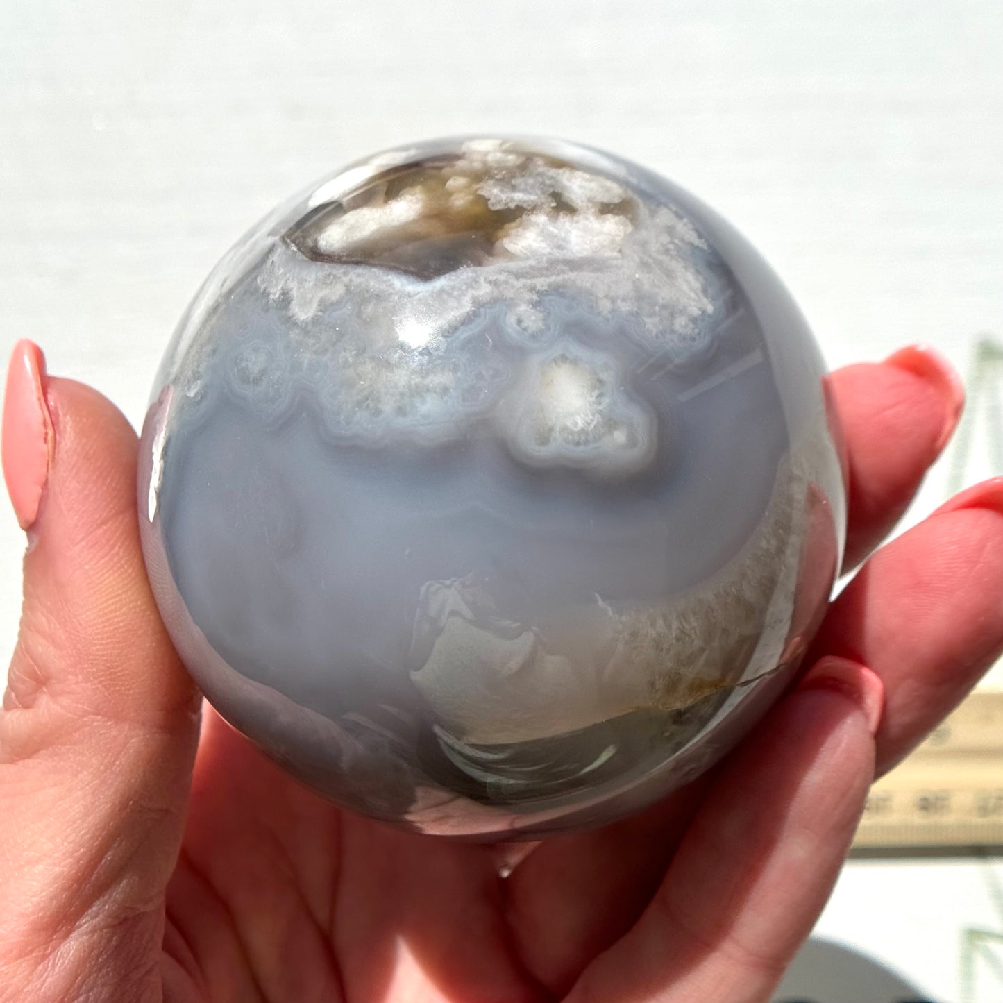 Blue Chalcedony with Flower Agate Sphere from Madagascar