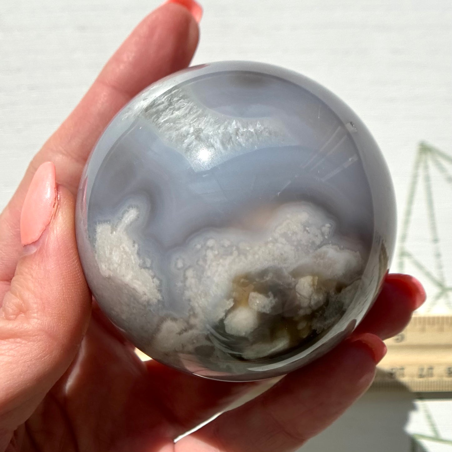 Blue Chalcedony with Flower Agate Sphere from Madagascar