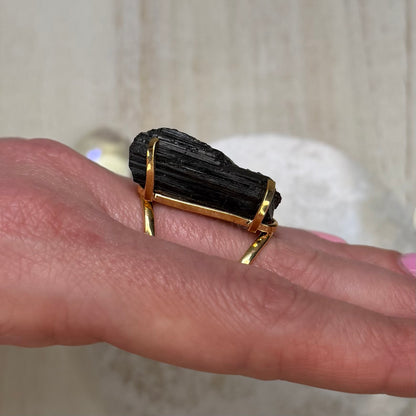 Gorgeous Raw Black Tourmaline Adjustable Gold Ring from Brazil