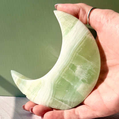 Pistachio Calcite Crescent Moon Carving – Soft Green Crystal for Peace