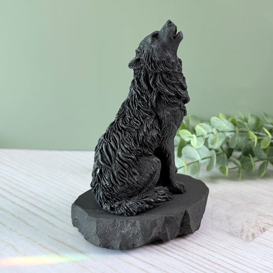 Karelian Shungite Howling Wolf Carving - EMF Protection Statue