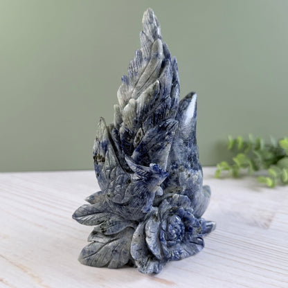 High Quality Sodalite Rooster + Moon Carving