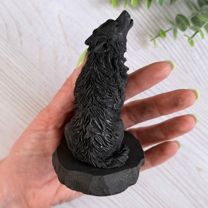 Karelian Shungite Howling Wolf Carving - EMF Protection Statue