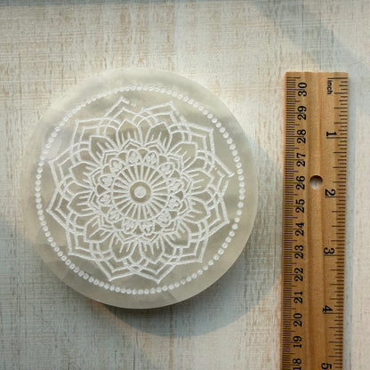 Selenite Charging Plate | 4 Inch Round | Engraved Selenite Crystal | Variety