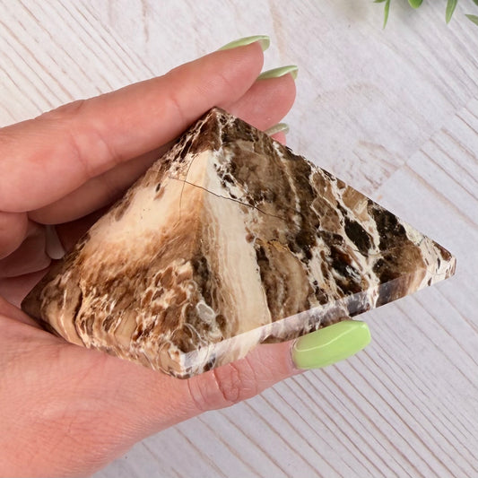 Chocolate Calcite Pyramid – Brown & Cream Crystal for Grounding