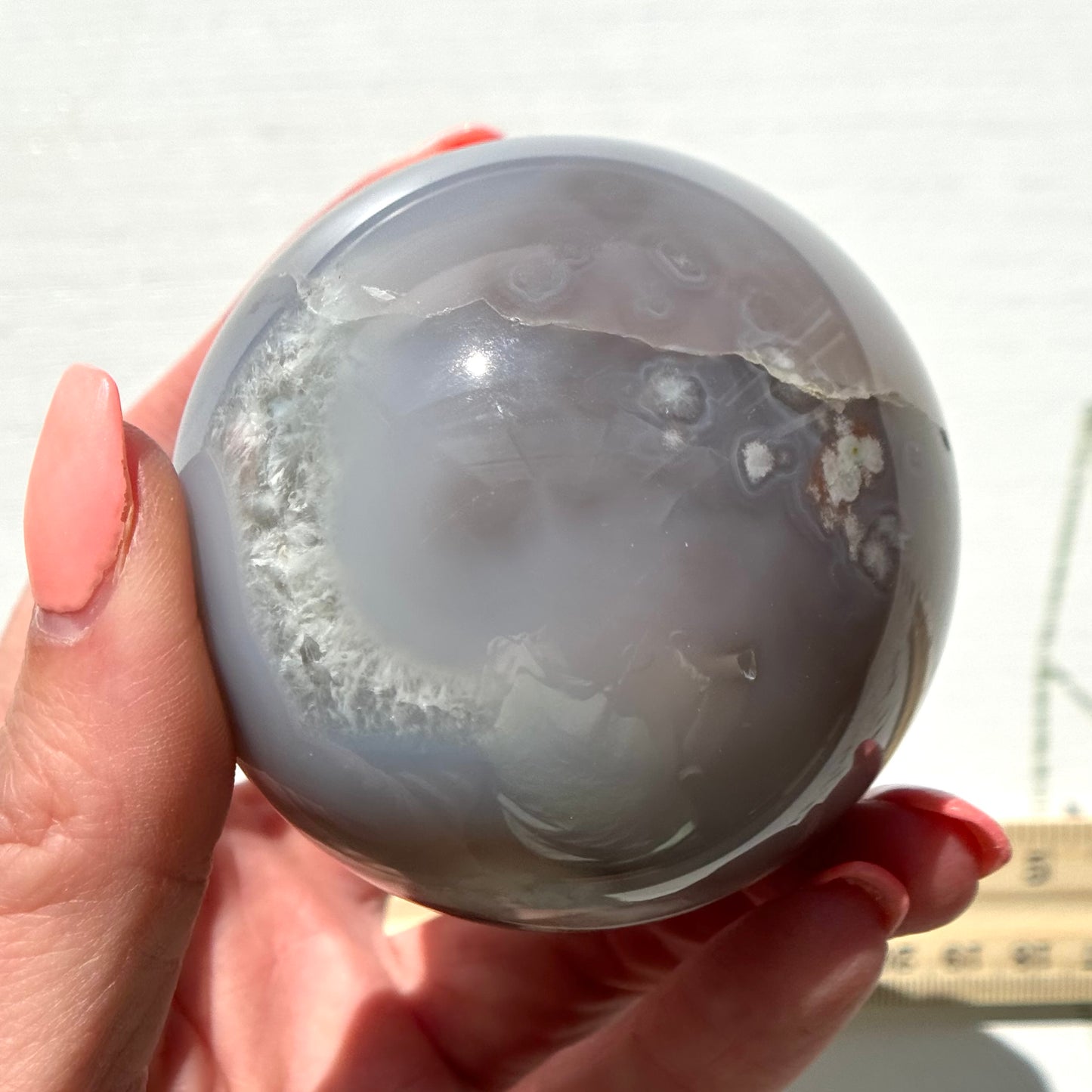 Blue Chalcedony with Flower Agate Sphere from Madagascar