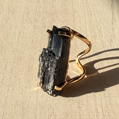 Gorgeous Raw Black Tourmaline Adjustable Gold Ring from Brazil