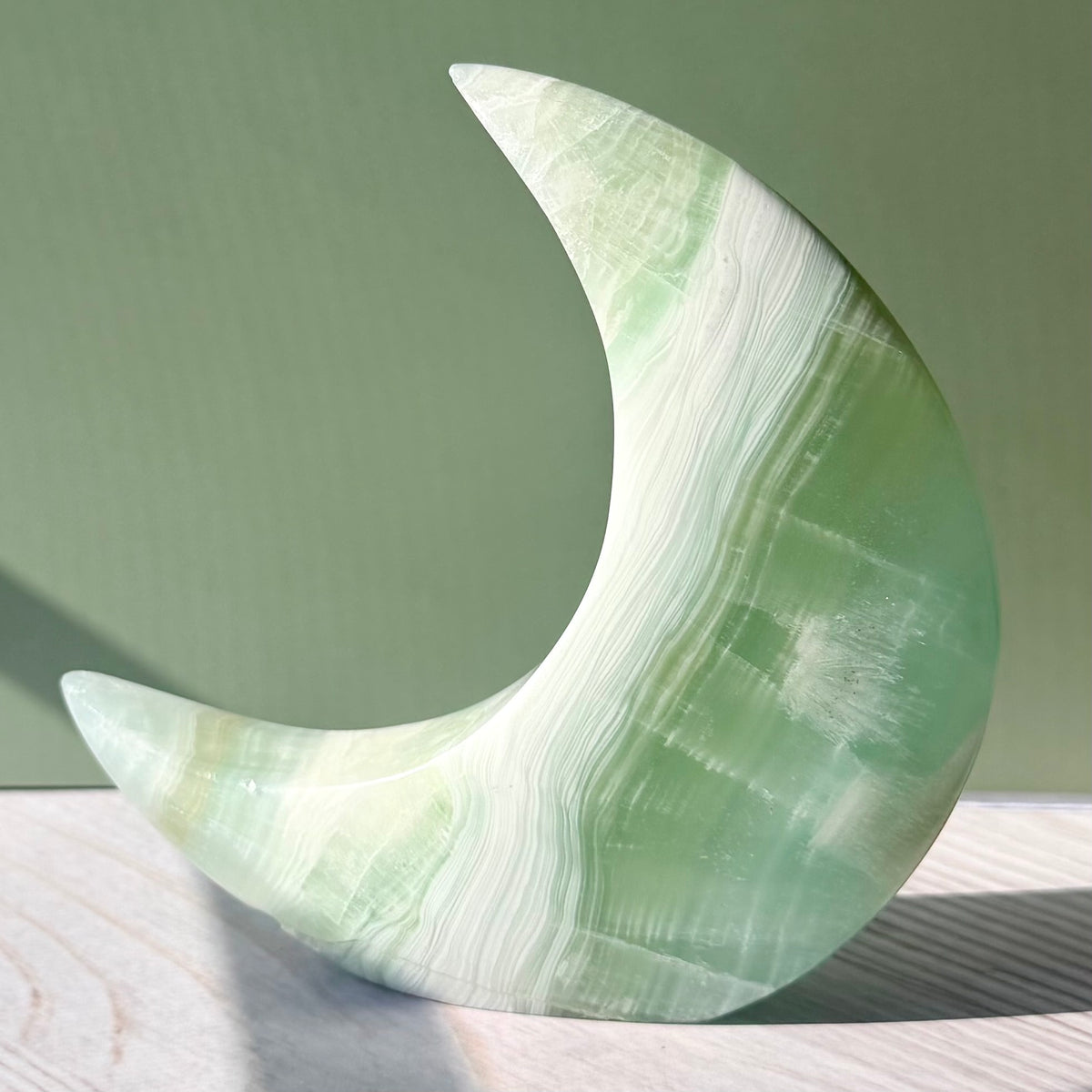 Pistachio Calcite Crescent Moon Carving – Soft Green Crystal for Peace