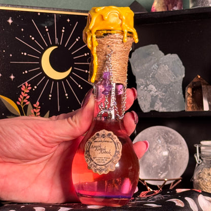Handmade "Amok Amok Amok" Decorative Potion Bottle w/ Amethyst Crystals