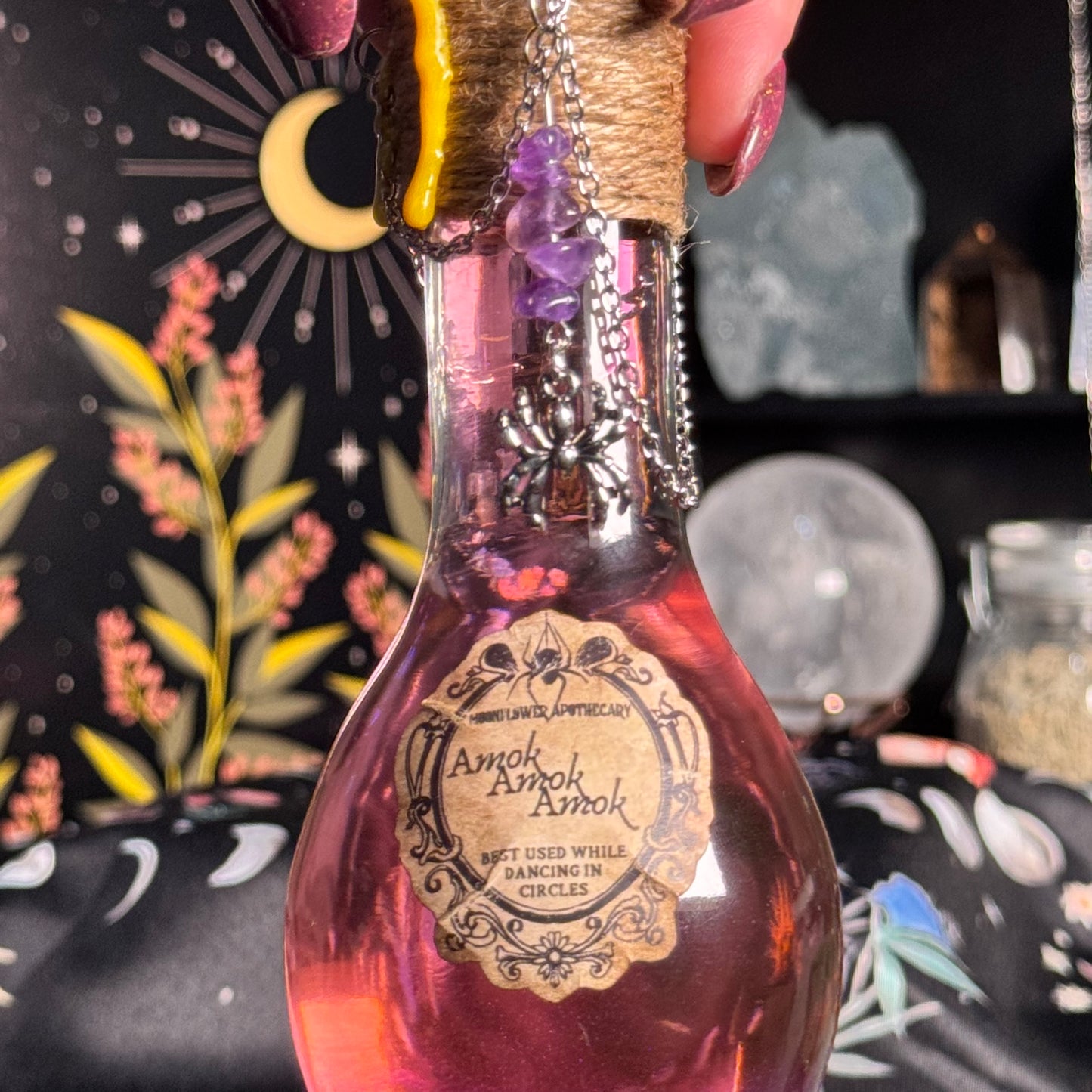 Handmade "Amok Amok Amok" Decorative Potion Bottle w/ Amethyst Crystals
