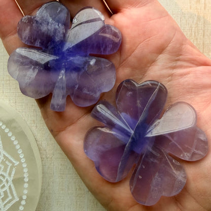 Purple Fluorite Shamrock Carving | Natural Crystal Lucky Charm