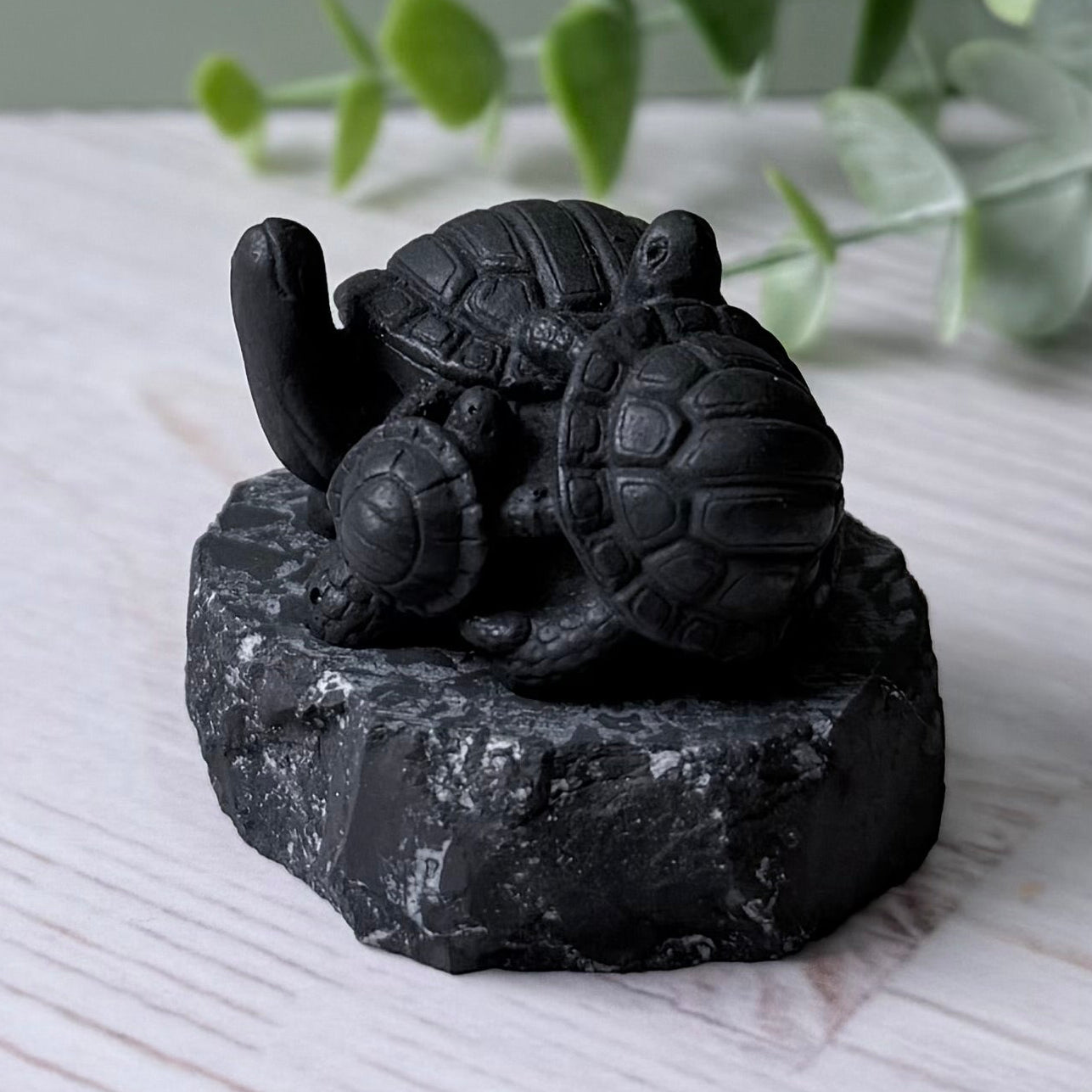 Karelian Shungite Turtle Family Carving - EMF Protection Statue