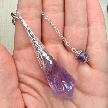 Faceted Crystal Point Pendulum with Silver Filigree Cap | Dowsing & Divination Pendulum