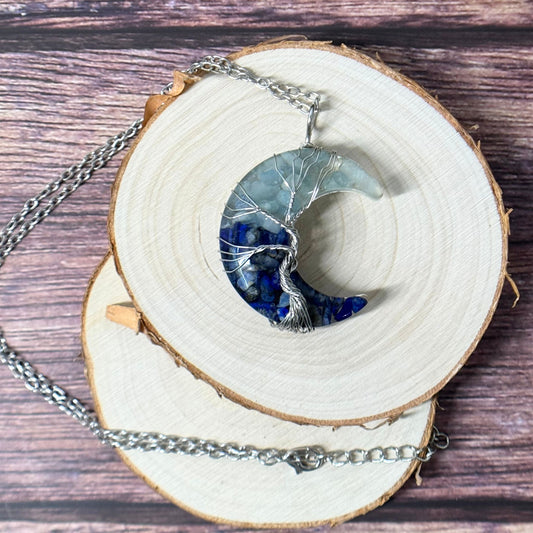Aquamarine + Lapis Lazuli Wire Wrapped Moon Necklace