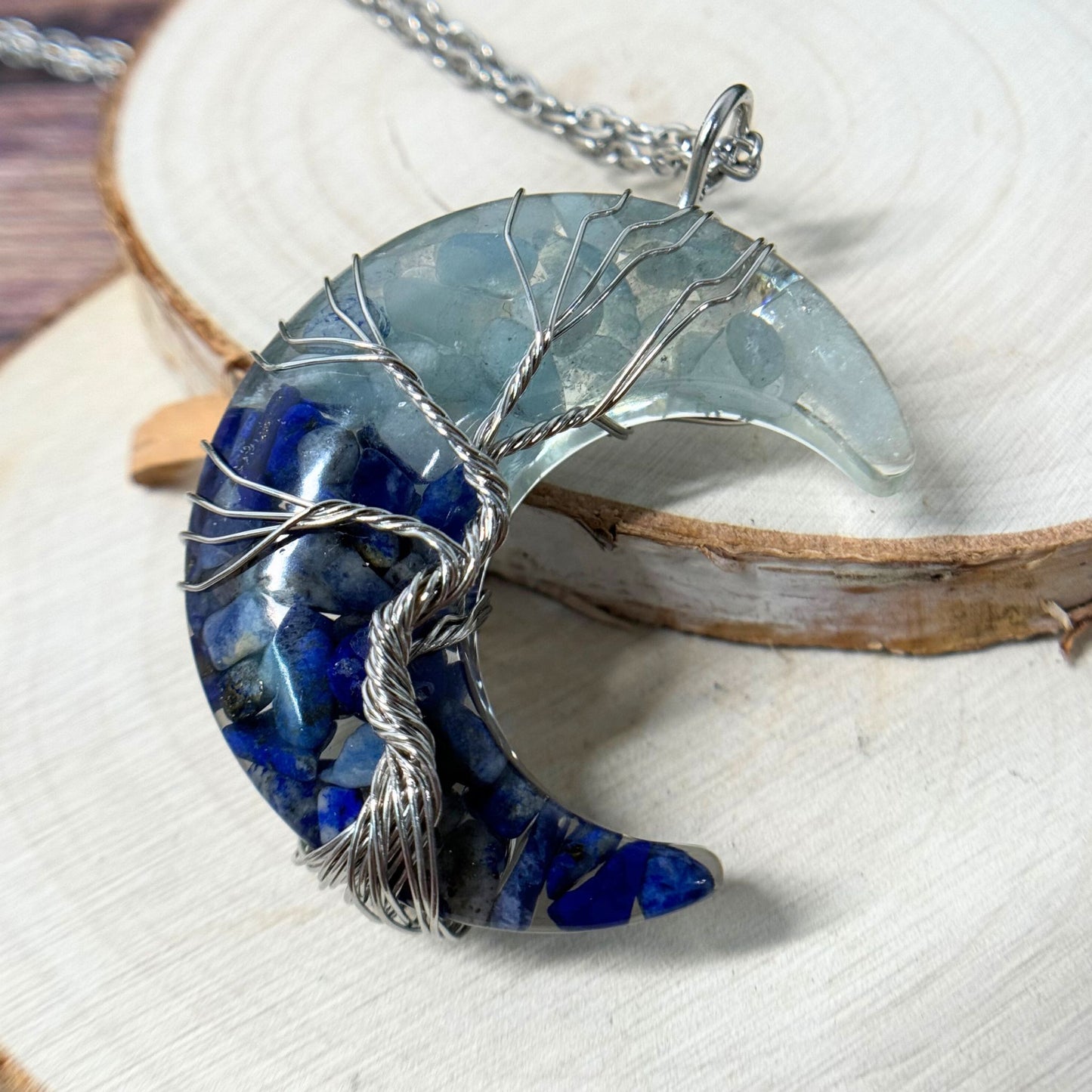 Aquamarine + Lapis Lazuli Wire Wrapped Moon Necklace