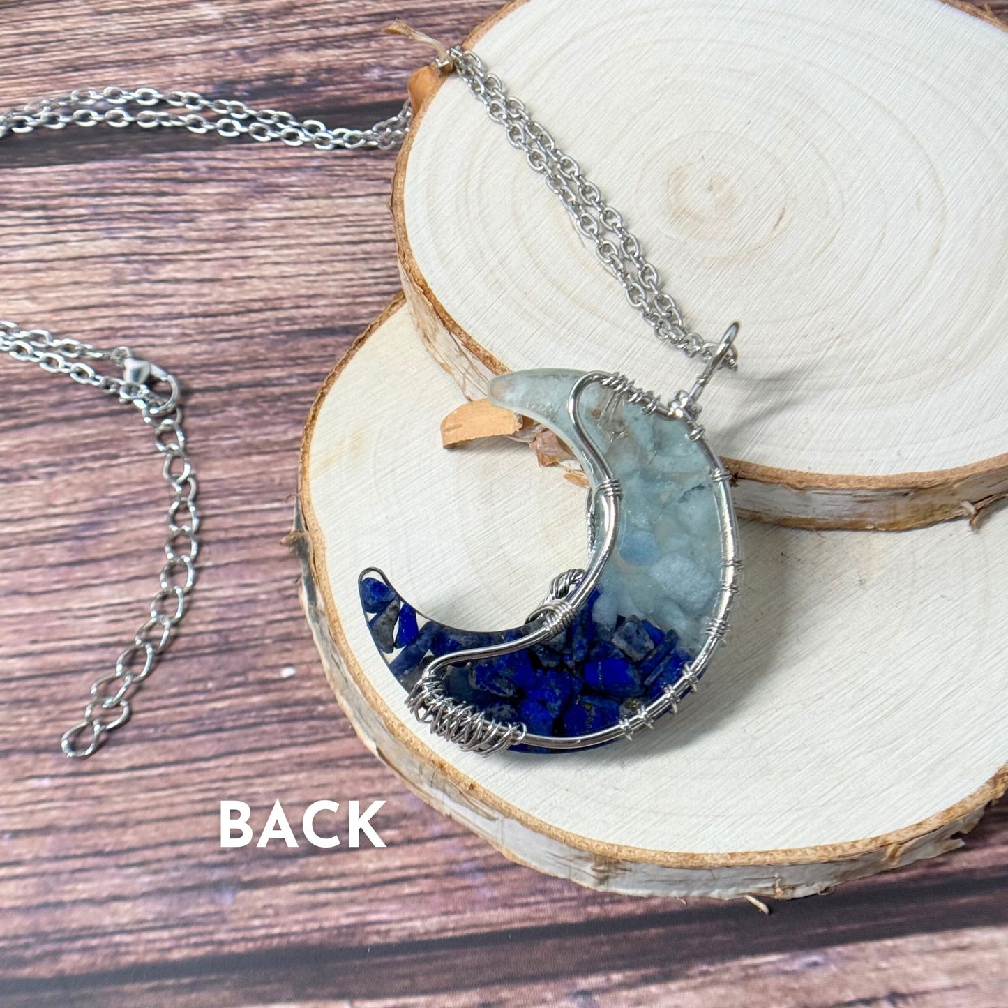 Aquamarine + Lapis Lazuli Wire Wrapped Moon Necklace