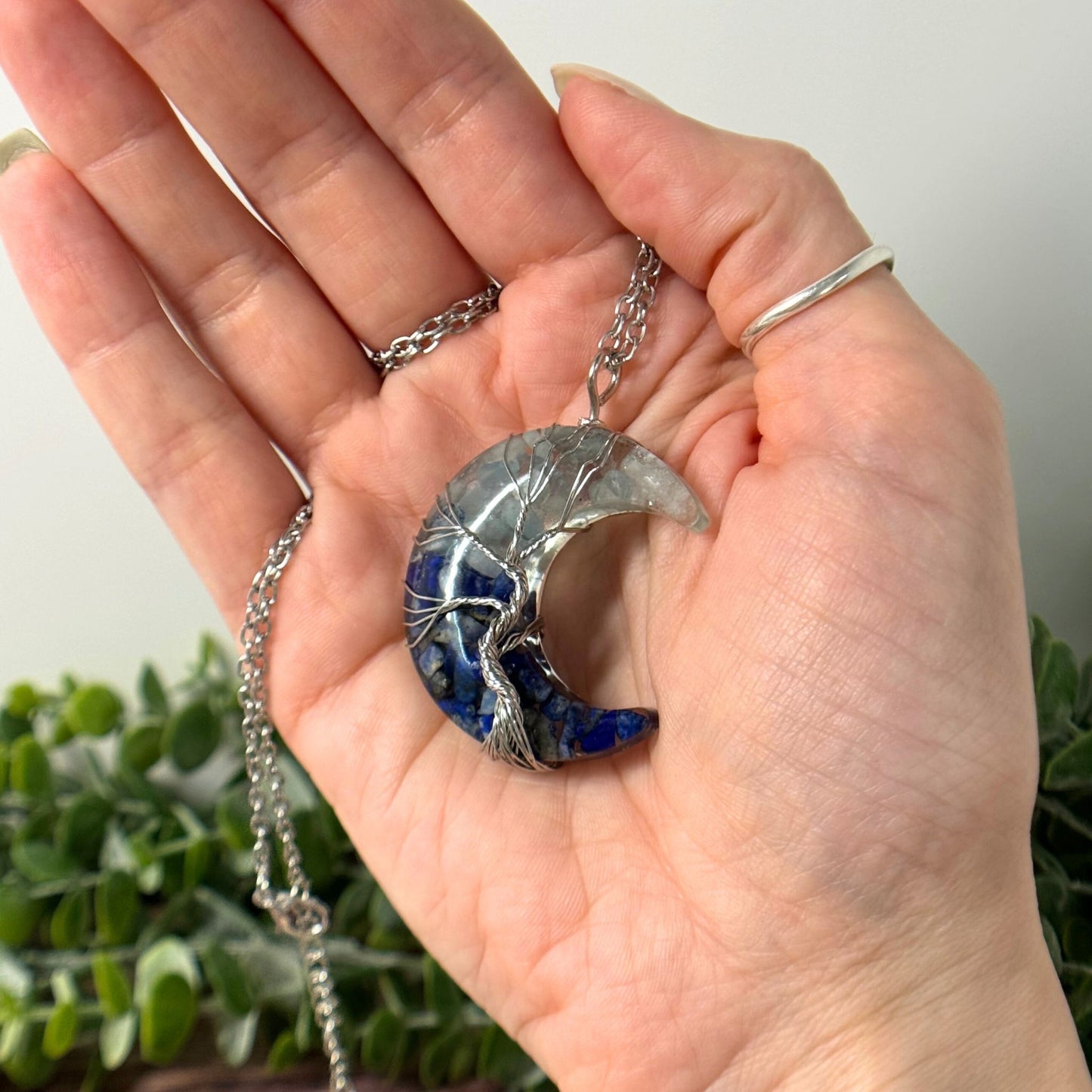 Aquamarine + Lapis Lazuli Wire Wrapped Moon Necklace
