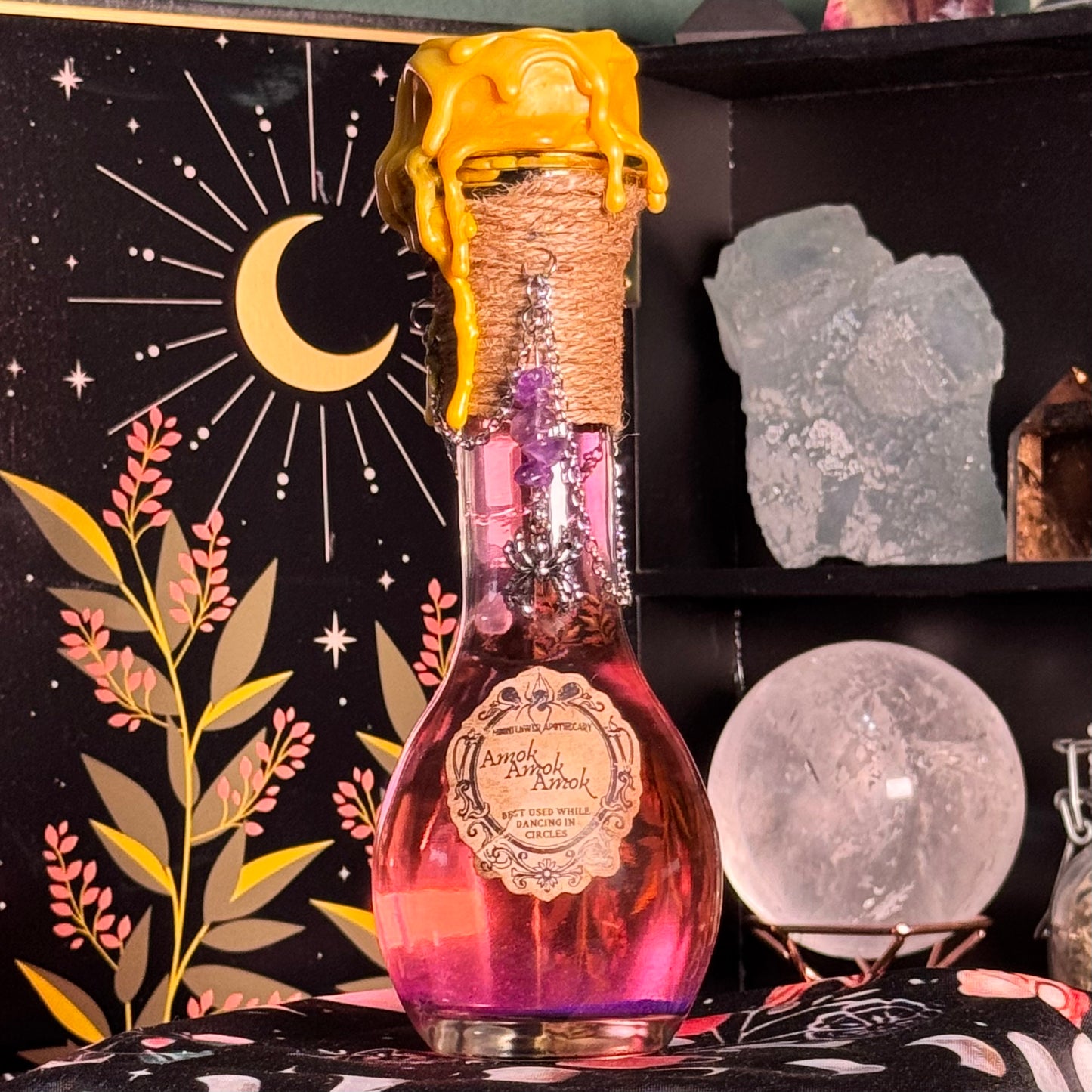Handmade "Amok Amok Amok" Decorative Potion Bottle w/ Amethyst Crystals