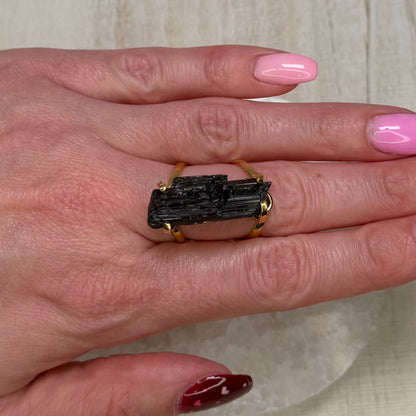 Gorgeous Raw Black Tourmaline Adjustable Gold Ring from Brazil