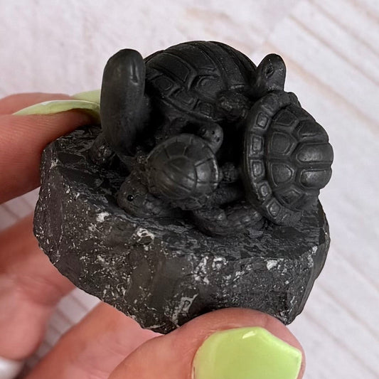 Karelian Shungite Turtle Family Carving - EMF Protection Statue