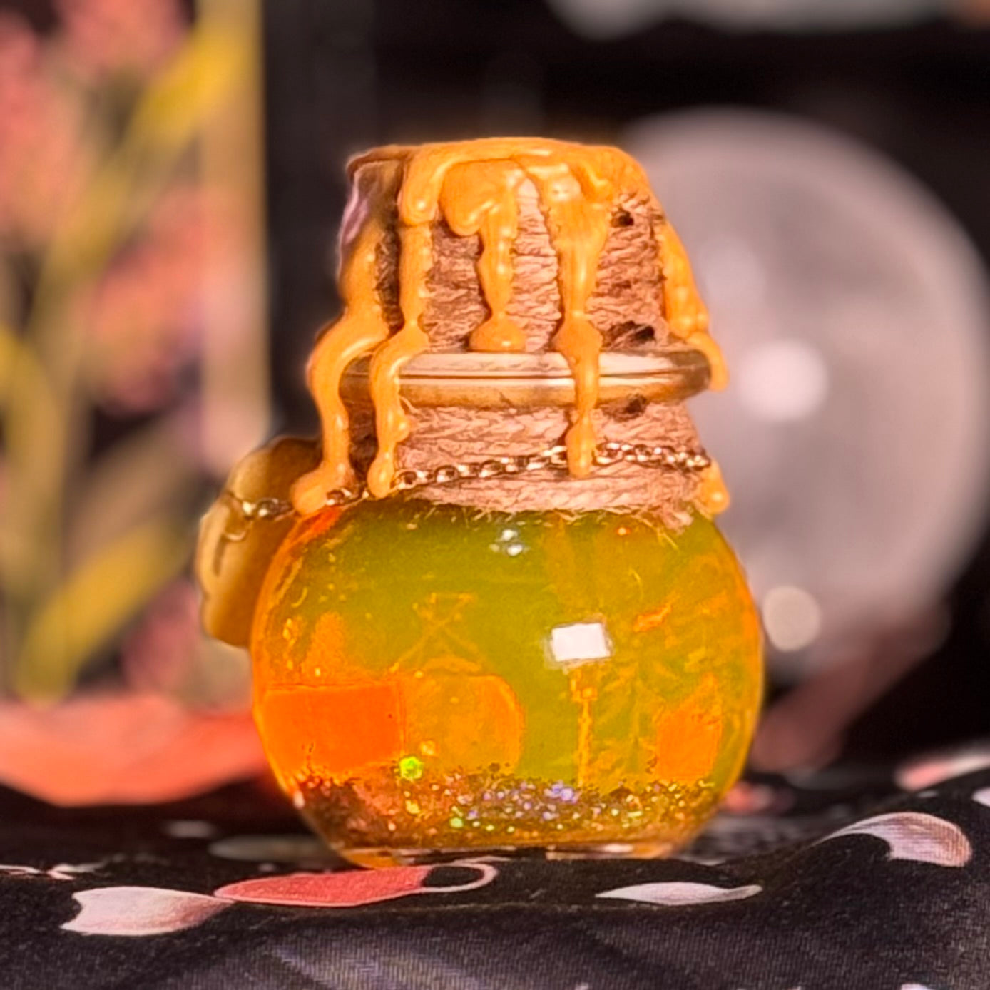 Mini Handmade "Pot of Gold" Glass Kinetic Potion Bottle w/ Clear Quartz & Citrine Crystals