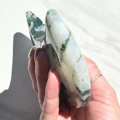 Large Moss Agate Crescent Moon Carving | Option A