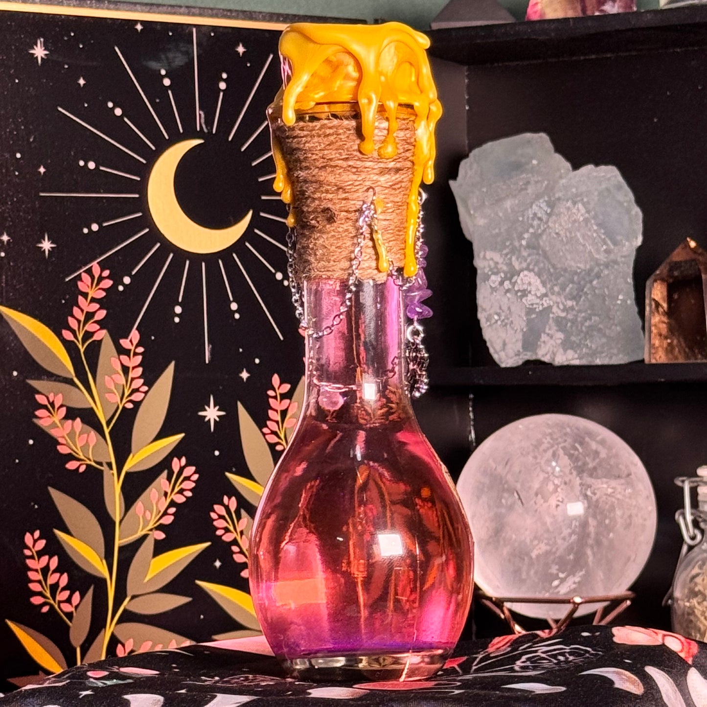 Handmade "Amok Amok Amok" Decorative Potion Bottle w/ Amethyst Crystals