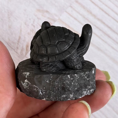 Karelian Shungite Turtle Family Carving - EMF Protection Statue