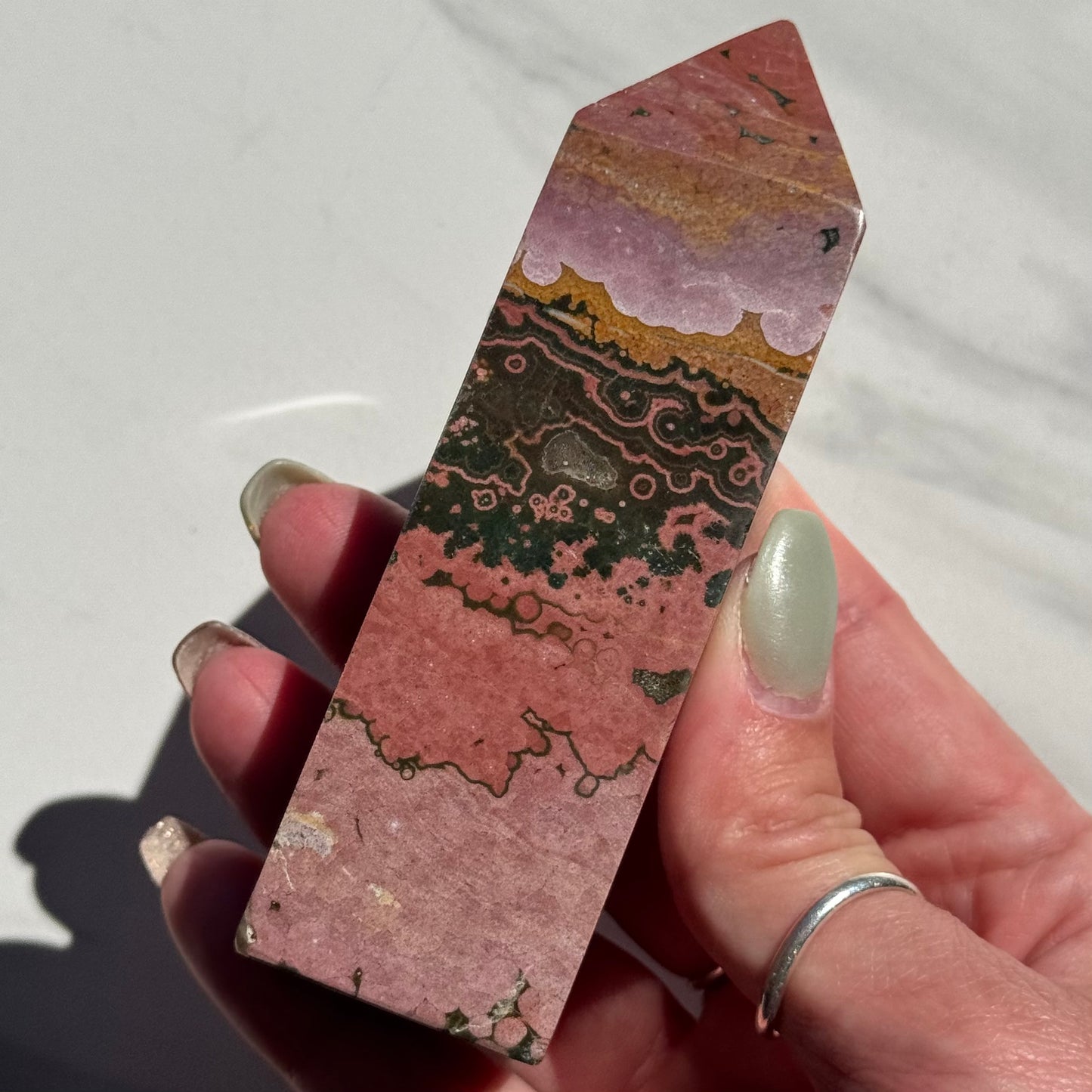 Stunning Natural Pink, Green, & Yellow Ocean Jasper Tower | Option A