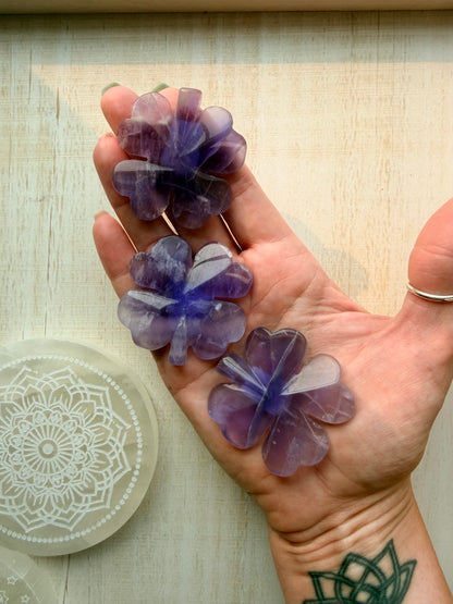 Purple Fluorite Shamrock Carving | Natural Crystal Lucky Charm