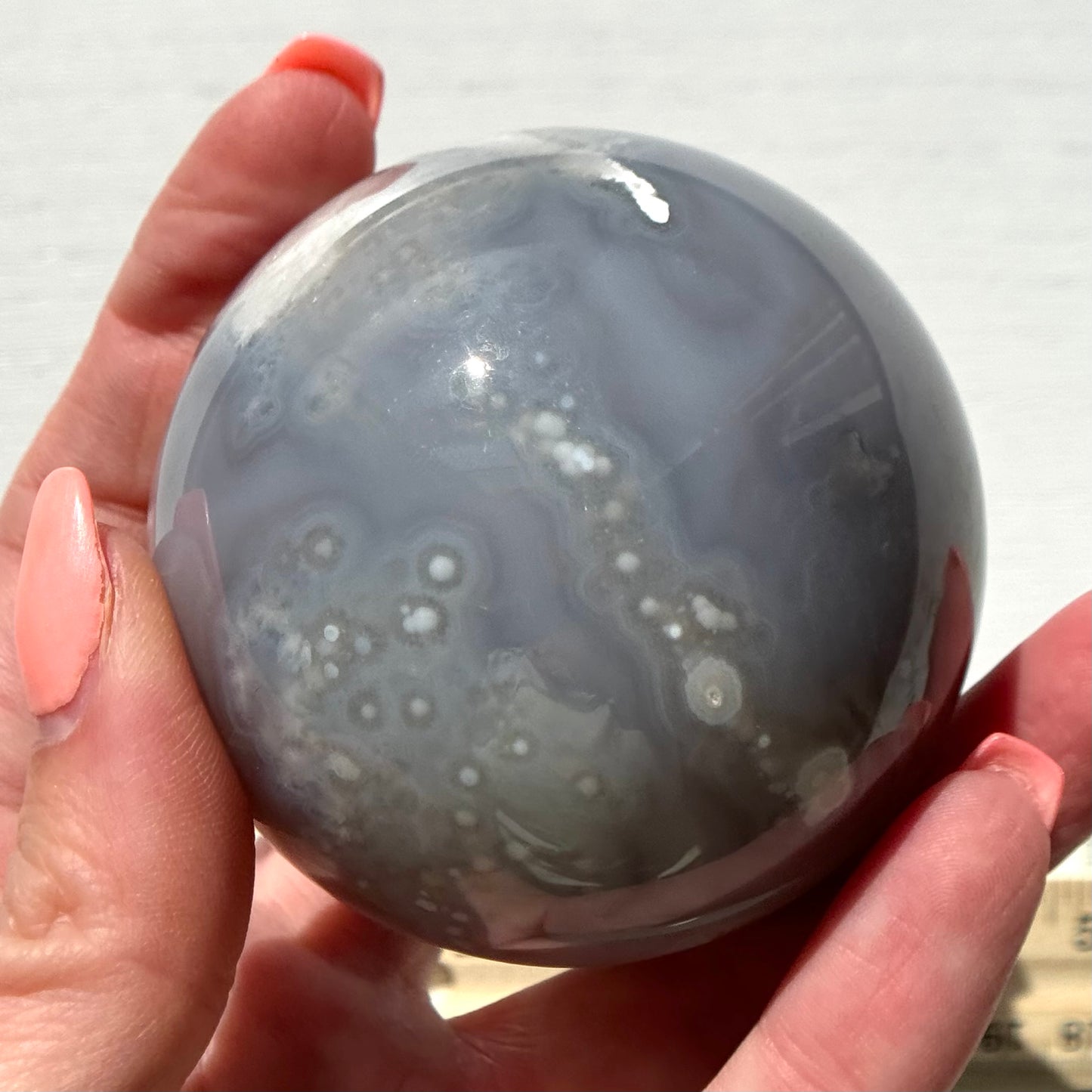 Blue Chalcedony with Flower Agate Sphere from Madagascar