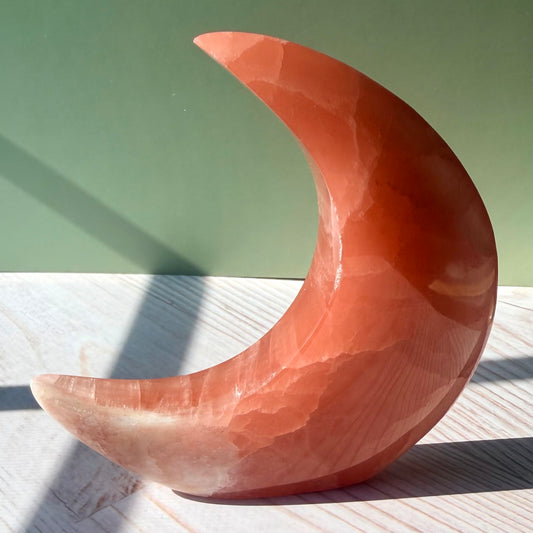 Rose Calcite Crescent Moon Carving – Crystal for Self-Love